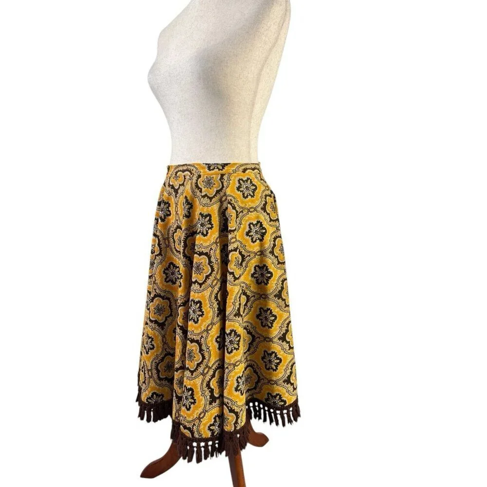 Vtg Midi Full Skirt Yellow Brown Tassels Waist 60s 70s Retro Talon Zipper